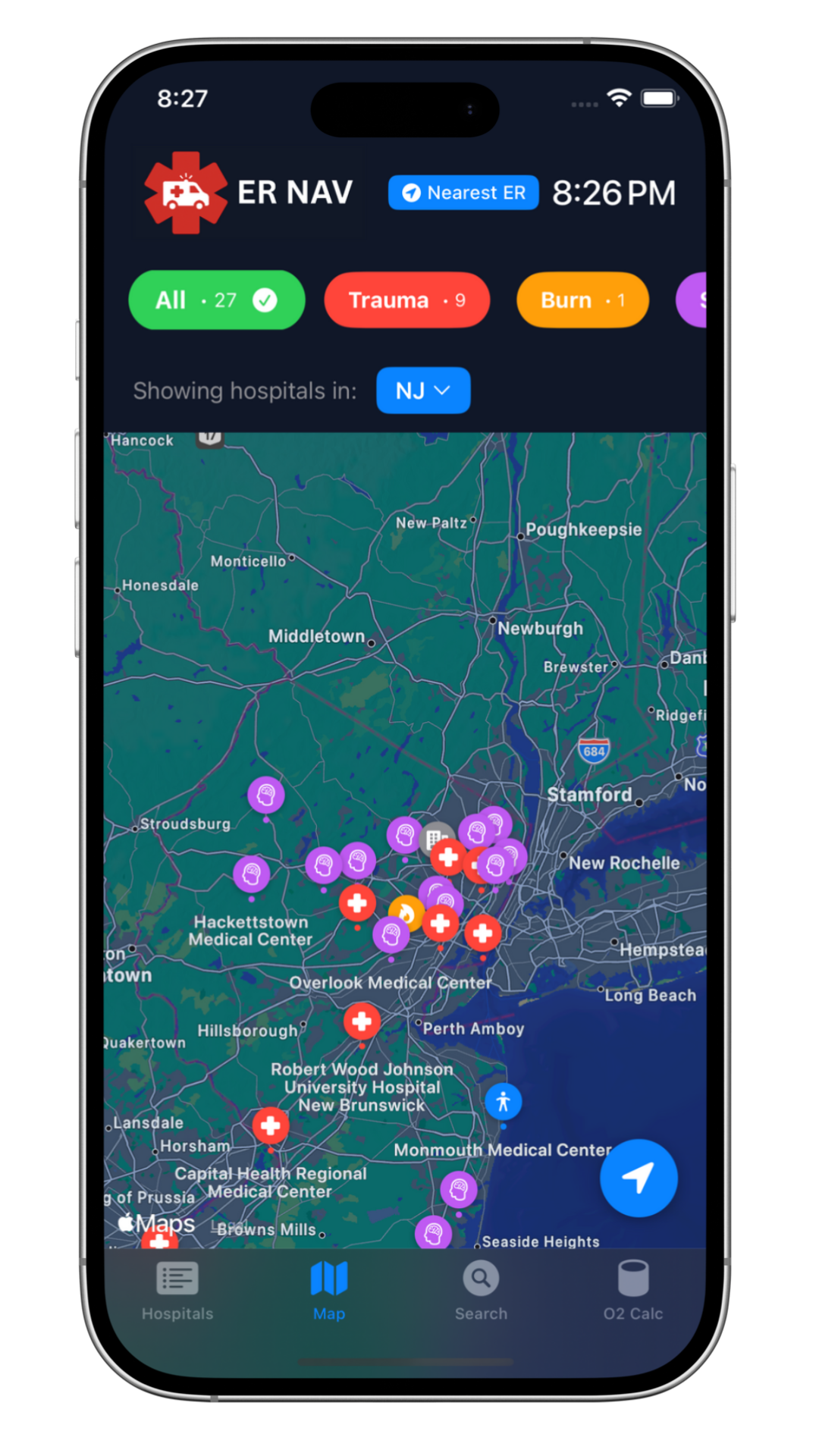 ER NAV Map View - Interactive map showing hospital locations with color-coded markers and specialty filters
