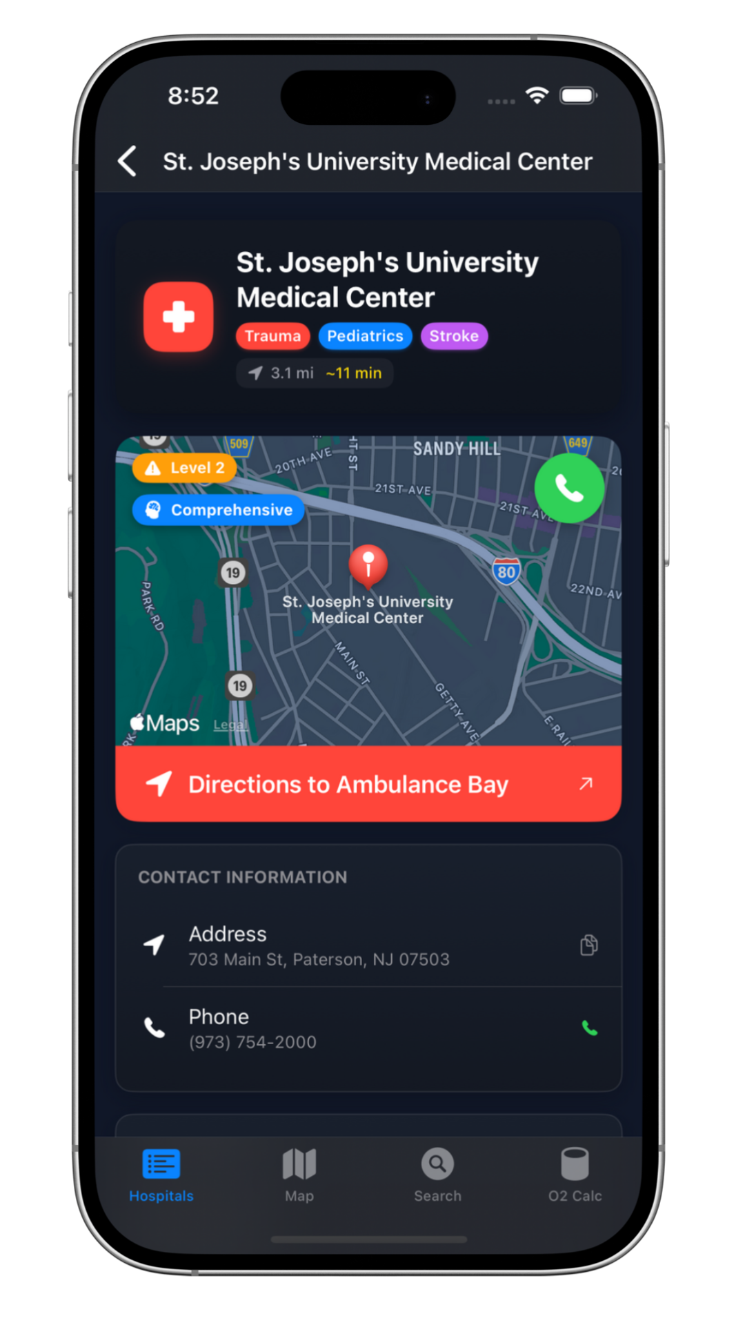 Hospital Detail View - St. Joseph's University Medical Center with specialty tags, distance, ETA, and ambulance bay directions