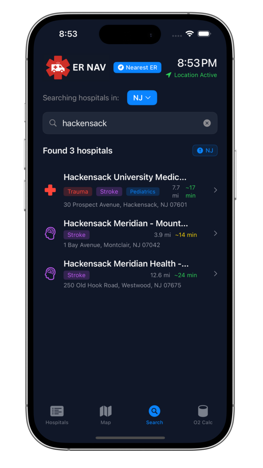 ER NAV Search - Hospital search functionality with 'hackensack' query showing 3 results including Hackensack University Medical Center with specialty tags and distance indicators