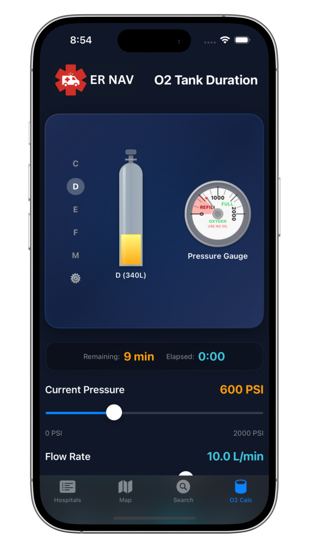 ER NAV O2 Tank Duration Calculator - Interactive calculator showing D tank (340L) selection, pressure gauge at 600 PSI, flow rate at 10.0 L/min, with remaining time of 9 minutes and elapsed time display