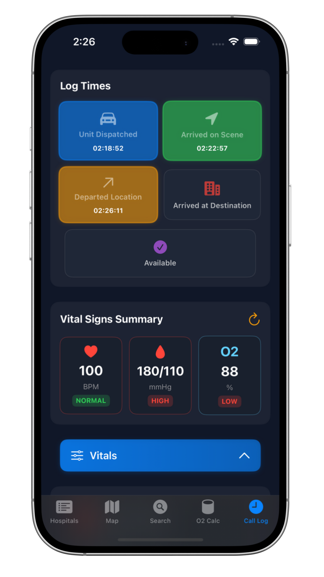 ER NAV Call Log - Updated call log interface with cleaner design showing dispatch tracking times and vital signs monitoring in a more streamlined layout