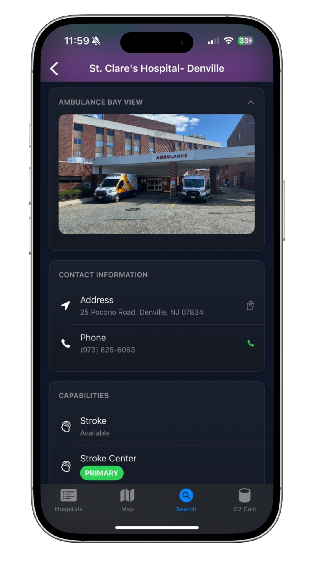 ER NAV Ambulance Bay View - St. Clare's Hospital-Denville showing refined ambulance bay entrance with clearer hospital photo, contact information, address, and stroke center capabilities